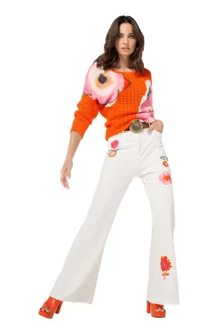 Caroline Biss Broeken*1509-69 / Comfortabele Jeans Met Broderie, Flared Leg, Normal Waist