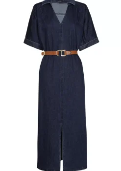 Caroline Biss Jurken*1114-23 / Rechtvallende Midi Jurk In Jeans Met Stretch