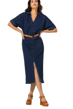 Caroline Biss Jurken*1114-23 / Rechtvallende Midi Jurk In Jeans Met Stretch