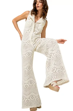 Caroline Biss Broeken*1543-34 / Soepelvallende Jumpsuit In Crochet, Wijd Been